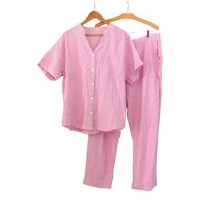 Womens Seersucker Pajama Set 100% Cotton Button Front Sleepwear Short Sleeve XL